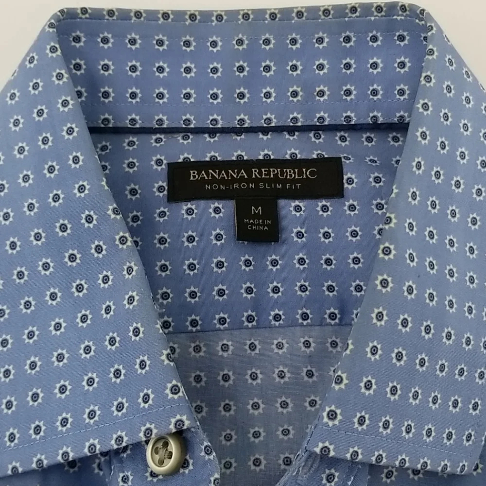 Banana Republic Non Iron Slim Fit Blue Geometric Button Front Shirt Mens Medium